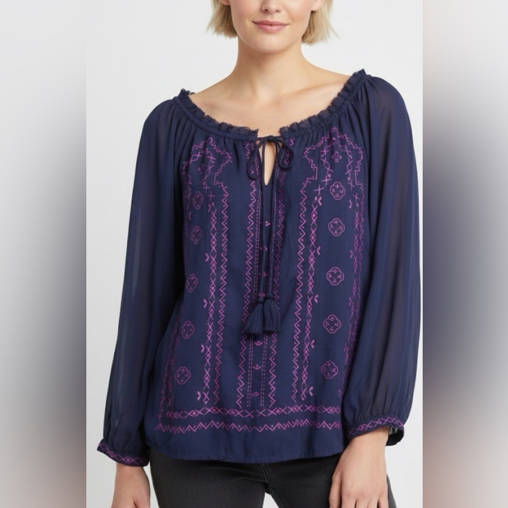 American Eagle Blue Pink Sheer Embroidered Peasant Top Polyester‎ Blend XL